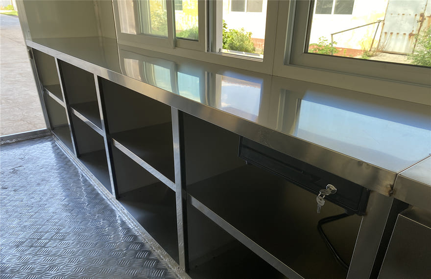 stainless steel workbench in the mobile pizza trailer